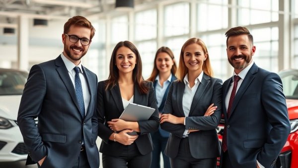 Disc Selling Automotive Success: a confident team in a car showroom.