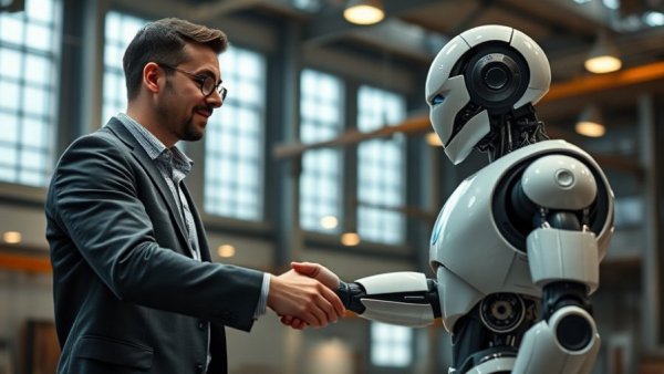 AI in Solo Entrepreneurship: Man shaking hands with robot in industrial setting.