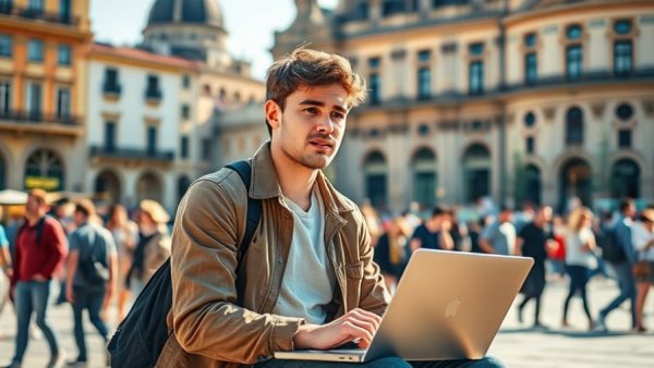 Nomad-proof agency security portrayed by a thoughtful man with laptop outdoors.