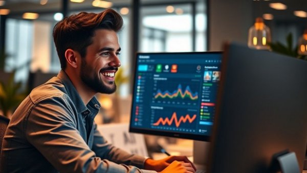 Young man using Semrush tool to attract freelance clients in a modern office.