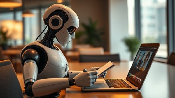 AI note taker robot in modern office setting next to video call.