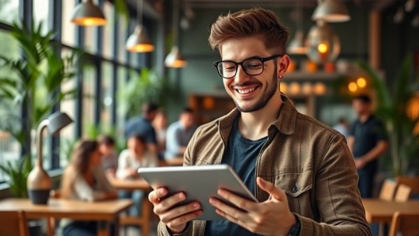 Young man in cafe holding tablet, smiling confidently.
