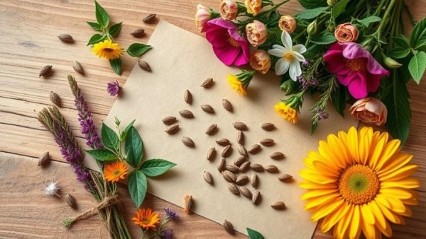DIY craft setup for making homemade paper with flowers, herbs, and seeds.