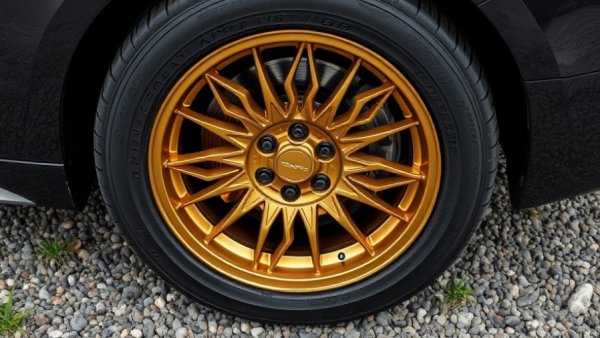 Close-up of gold car rim on gravel, illustrating car accessories.