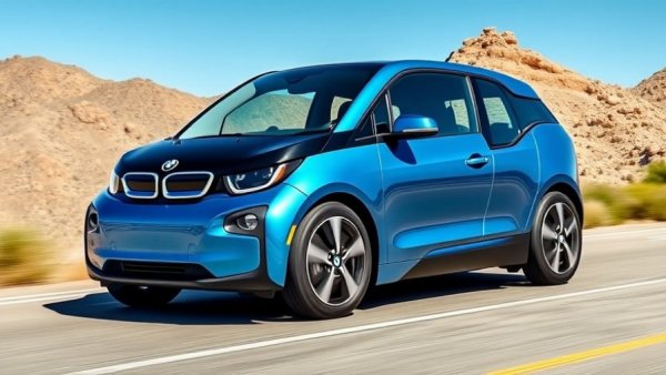 Sleek blue BMW i3 EV driving on a scenic mountain road.