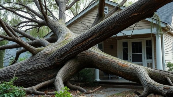 Hurricane preparedness steps demonstrated by fallen tree on house.