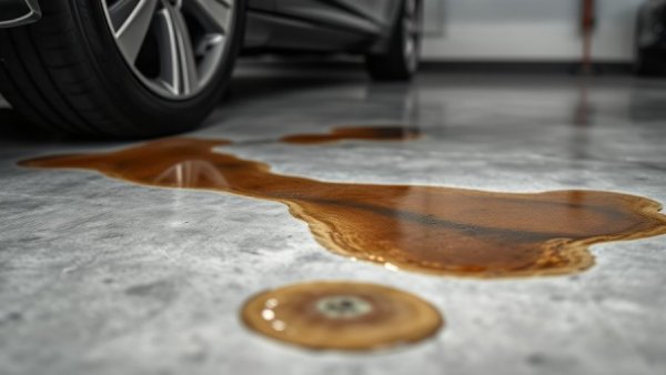 Oil stains on concrete floor near a car.