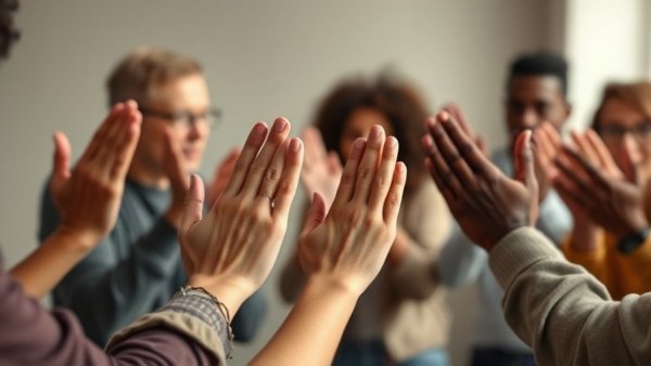 Group therapy support with diverse hands clapping in session.