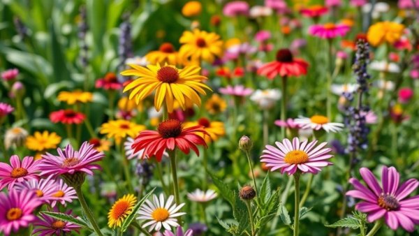 Herbal wellness garden with vibrant wildflowers in sunlight.