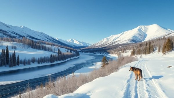 Scenic Yellowstone views and wolf on snow-covered path