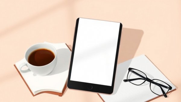 Book cover with coffee cup and glasses on tablet, minimalist design.