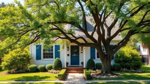 Charming home with large tree, vulnerable element during severe weather.