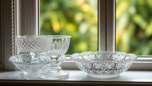 Antique crystal dishes elegantly arranged on a windowsill