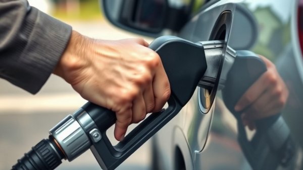 Close-up of hand refueling car for spring break road trip, highlighting gas prices.