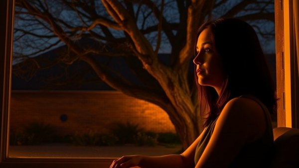 Serene night scene with a woman in a lit room observed through a window, mindfulness and slowing down.