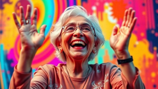 Joyful elderly woman embracing aging with vibrant background.