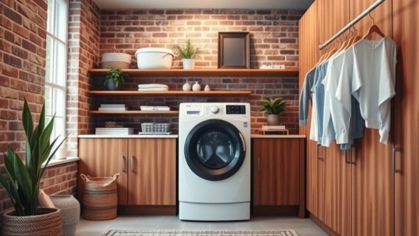 Efficient laundry room with stacked appliances and sleek cabinetry.