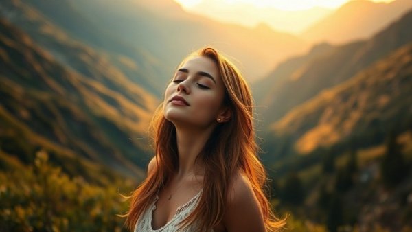 Relaxed woman in mountain landscape, emphasizing serenity and mindfulness.
