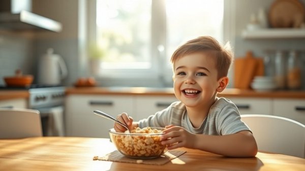 Young boy enjoying breakfast in a sunlit kitchen, kids morning routine checklist.