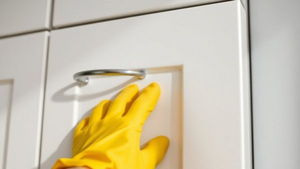 Yellow-gloved hand cleaning a white laminate cabinet in a bright kitchen.