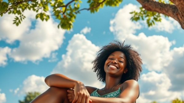 Relaxed woman embracing authenticity in personal choices under a tree.