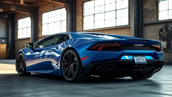 Sleek blue Lamborghini grand touring car in industrial garage