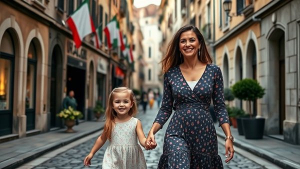 Mother and daughter walking on an Italian street