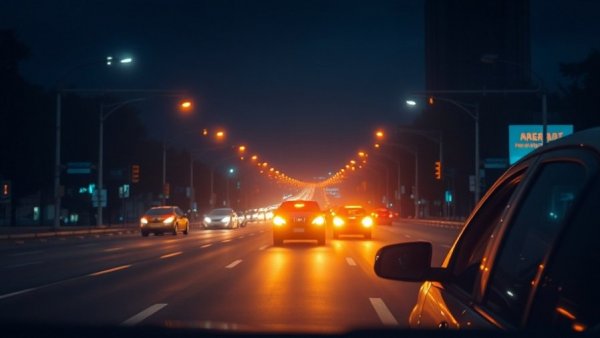 Headlight glare impact on drivers at night with bright car lights.