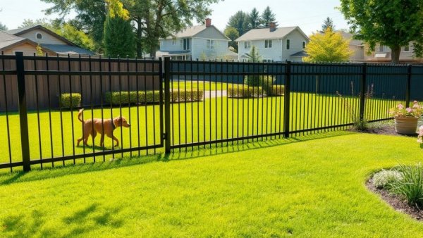 Backyard with black metal fence showcasing importance of quality fence posts.