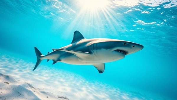 Tiger shark swimming underwater with sun rays in the Bahamas.