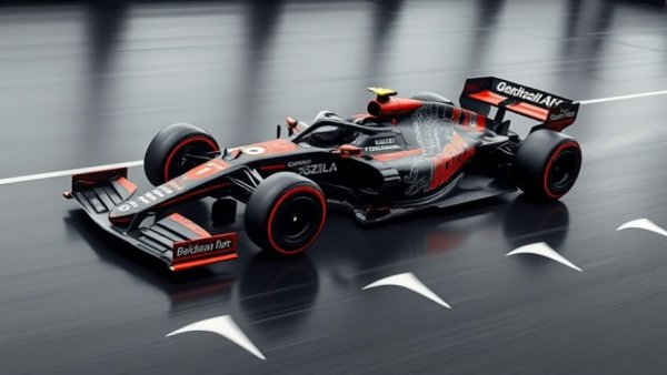 Haas F1 Godzilla-themed car with black and red design.