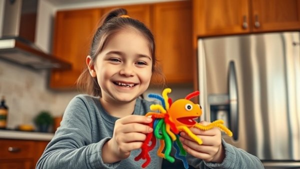 Young girl crafts with colorful pipe cleaners - screen-free kids’ activities.