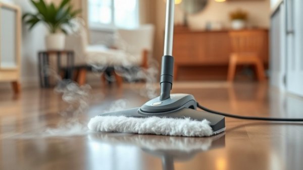 Close-up of steam mop cleaning laminate floor effectively.
