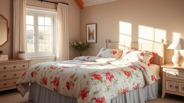 Elegant bedroom with floral quilt for hot southern nights.