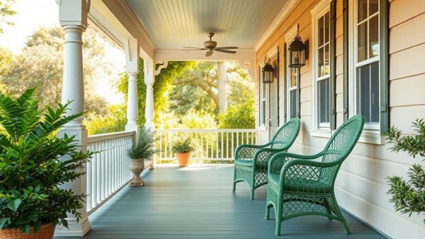 Charming small porch with green wicker chairs and floral cushions.