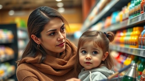 Mother and daughter shopping together in a supermarket aisle.