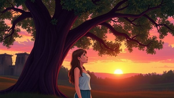 Contemplative young woman standing alone under a large tree at sunset.