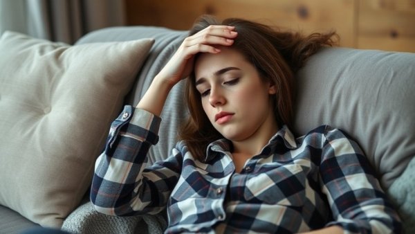 Young woman with Cicada COVID Variant Symptoms resting on couch.