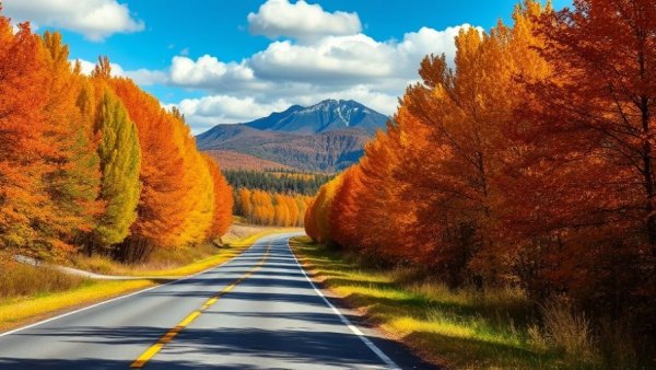 A scenic road flanked by autumn trees leading to a mountain, showcasing differences between streets and roads.