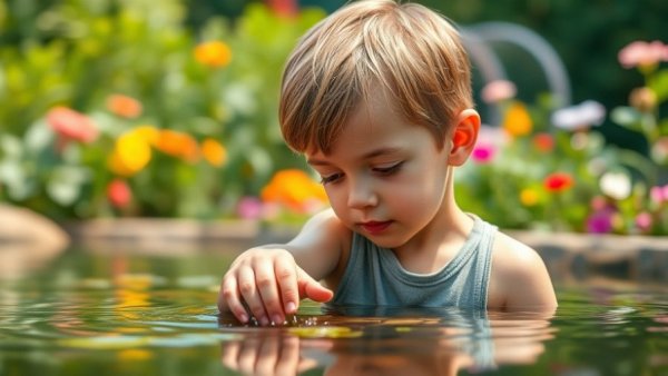 Young boy doing grounding exercises by touching water in a garden.