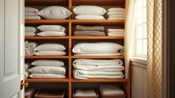 Neatly organized linen closet with folded towels and linens.