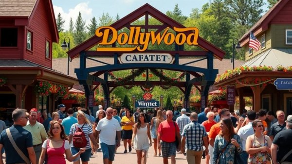 Families enjoy Pigeon Forge attractions at Dollywood entrance.
