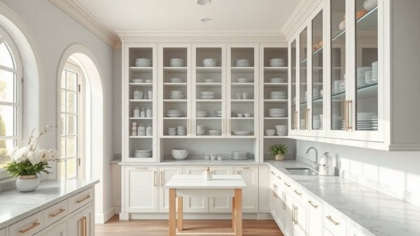 Elegant kitchen pantry with modern glass cabinets.