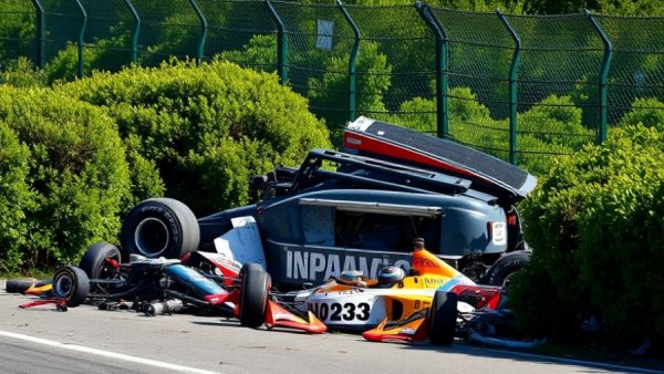 IndyCar crash scene with car parts visible in bushes.
