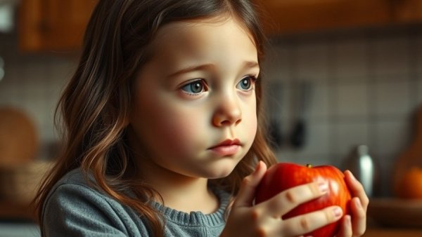 Young girl holding an apple in a warm kitchen, focused expression.