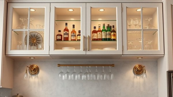 Organize kitchen cabinets with neatly arranged glassware and elegant design.