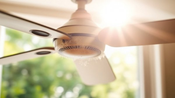 Dusty ceiling fan blade indoors; linked to HVAC allergies.