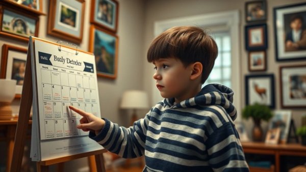 Young boy engaging with calendar in a cozy room, ADHD Routine for Kids.