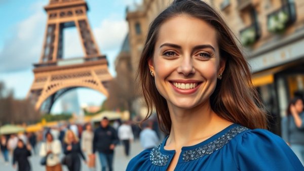 Smiling person in blue dress near Eiffel Tower, outdoor elegance.