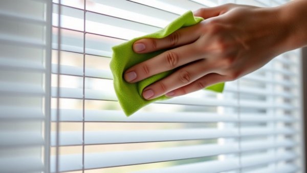 Hands cleaning blinds, reducing pollen buildup in home.